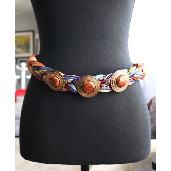 Carolyn Tanner Designs Coral Orange Braided Colorful Adjustable Stone BELT Retro - Picture 2 of 7